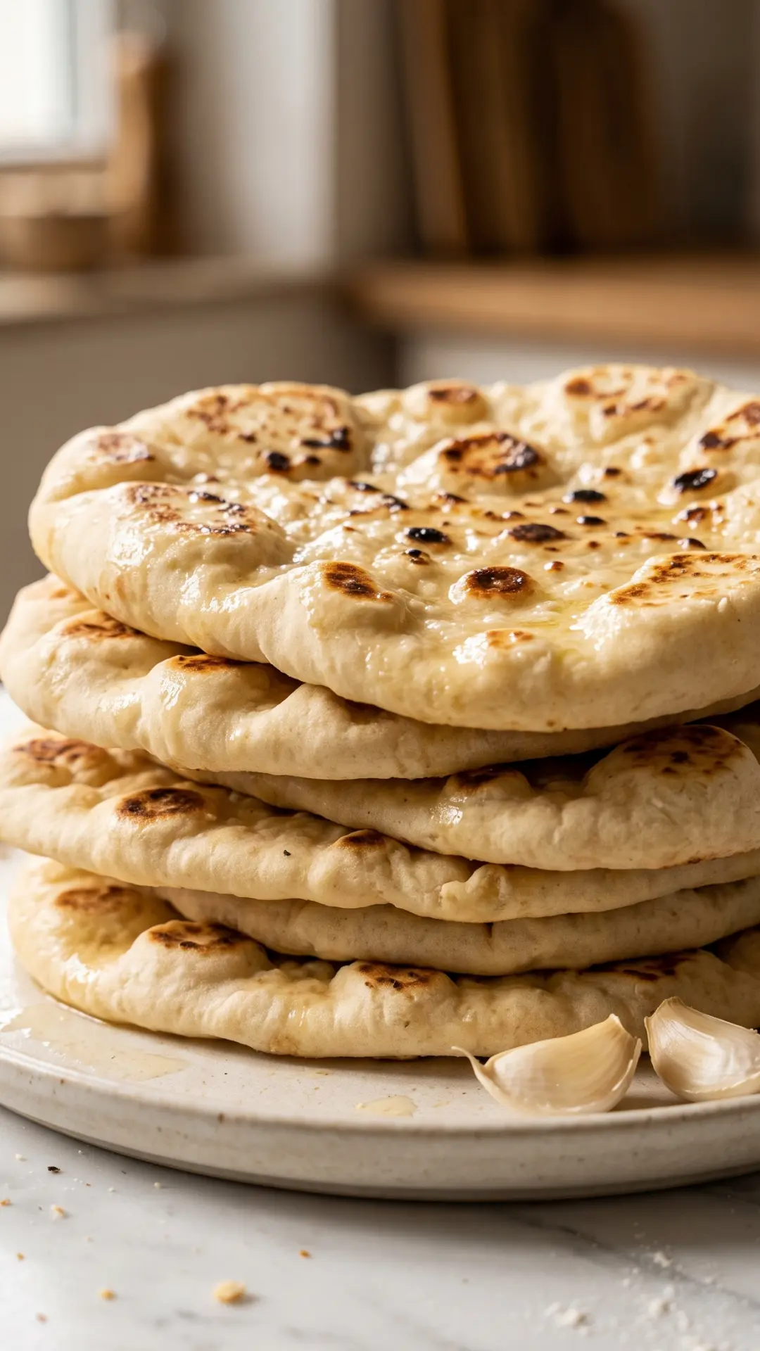 Luftig-weiches Naan-Brot frisch gebacken — gestapelte Pfannenfladen mit Knoblauchbutter.