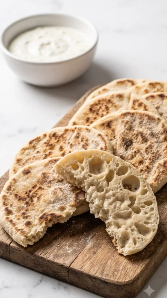 Pfannenbrot serviert mit Knoblauch-Kräuter-Dip — ein Fladenbrot von Hand aufgebrochen.