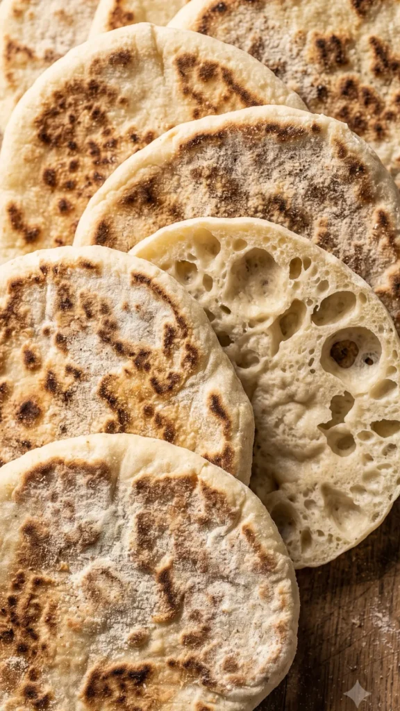 Nahaufnahme von Pfannenbrot — Röstflecken, Mehlspuren und zarte Teigstruktur.