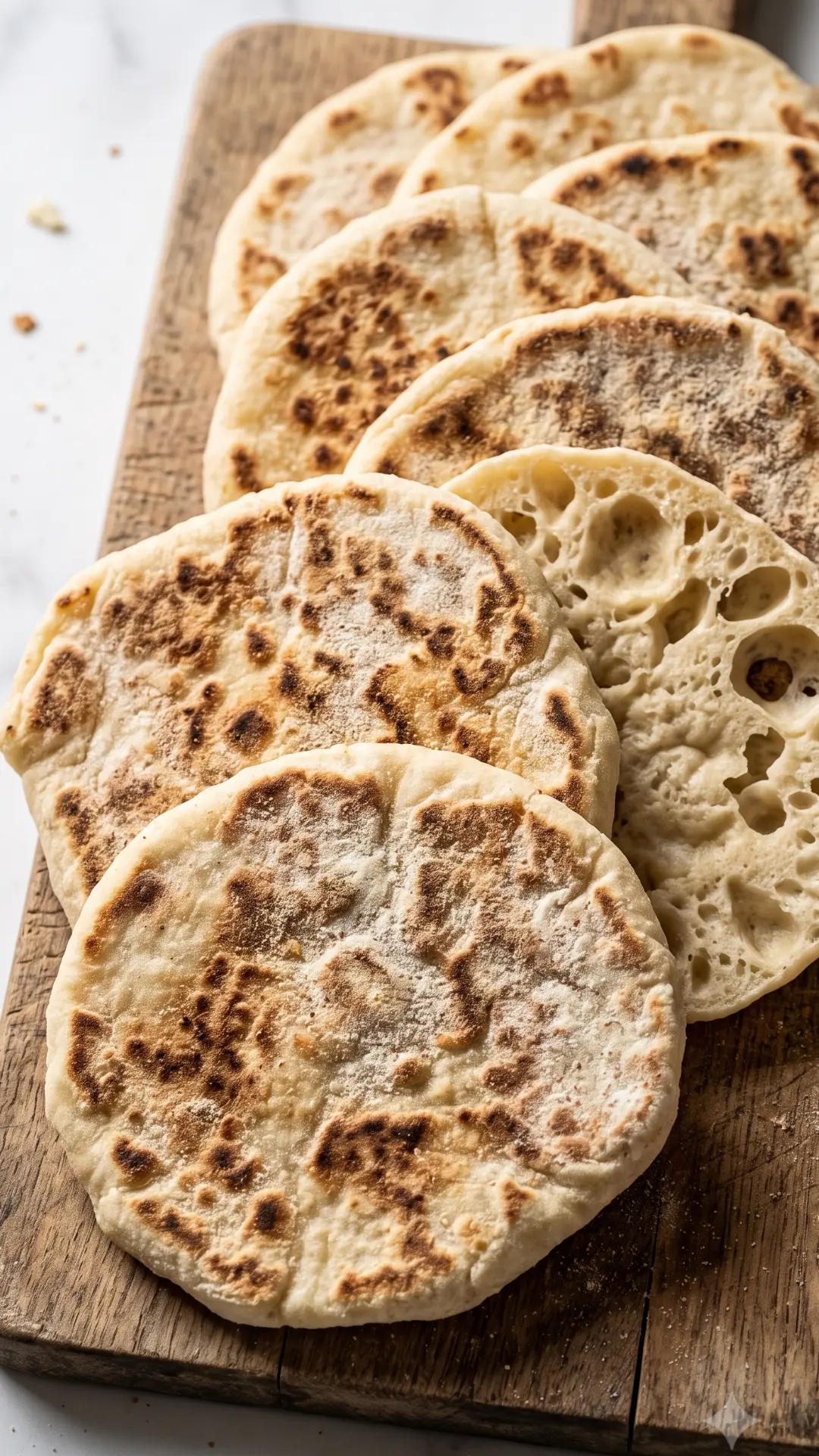 Schnelles Pfannenbrot ohne Hefe frisch gebacken — flache Fladenbrote mit Röststellen.