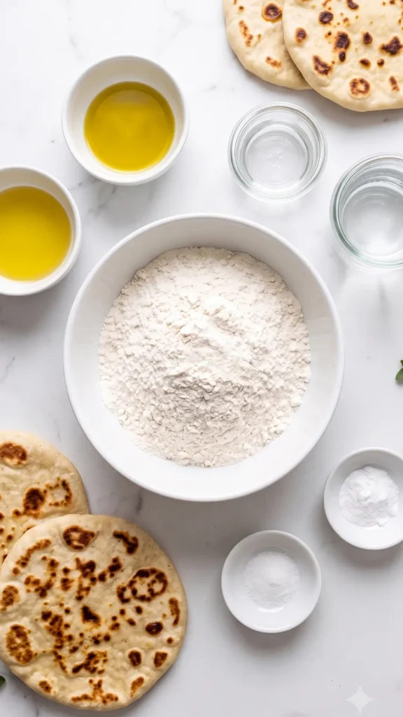 Zutaten für schnelles Pfannenbrot ohne Hefe: Mehl, Backpulver, Olivenöl, Wasser und Salz.