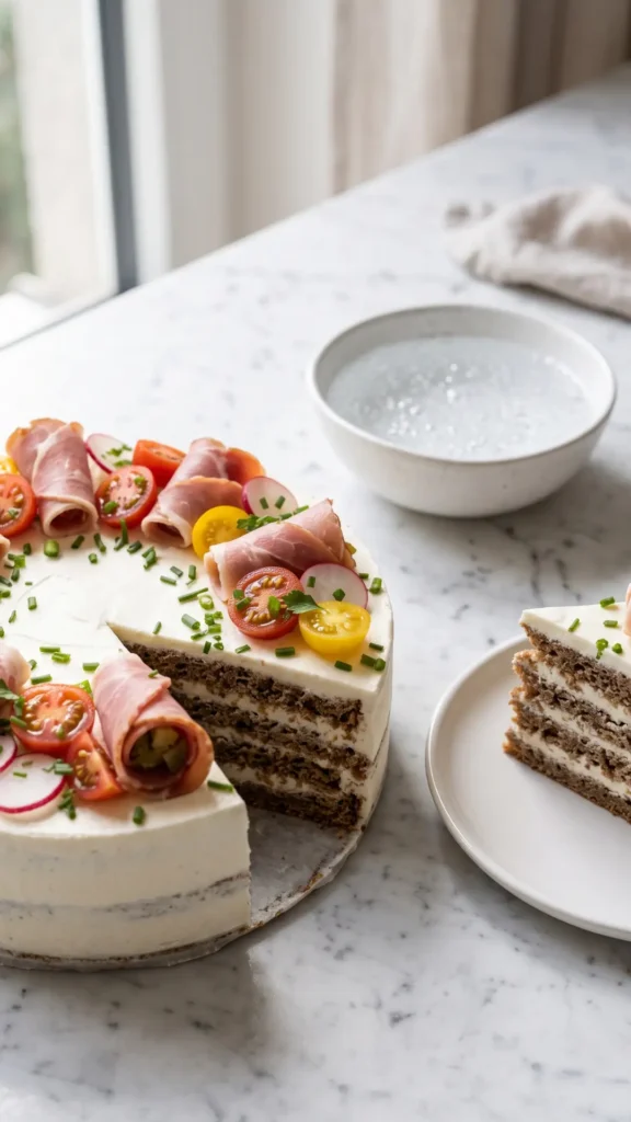 Schwarzbrottorte serviert mit Mineralwasser — ein Tortenstück zeigt die feinen, bunten Schichten aus Brot, Eiern und Schinken.