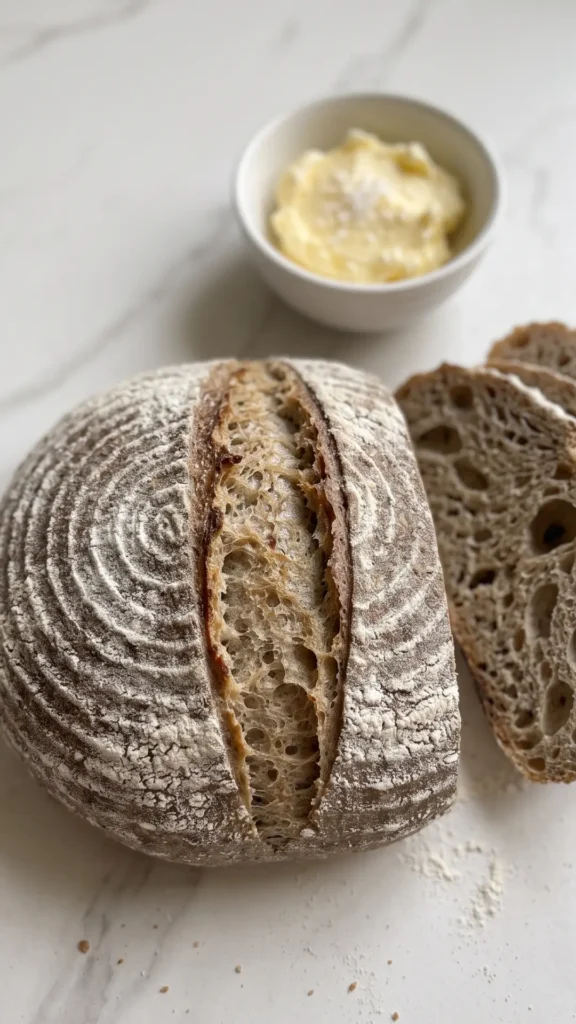 Vollkornbrot pur mit Roggen und Gerste serviert mit gesalzener Butter — gemütliche Abendbrotszene