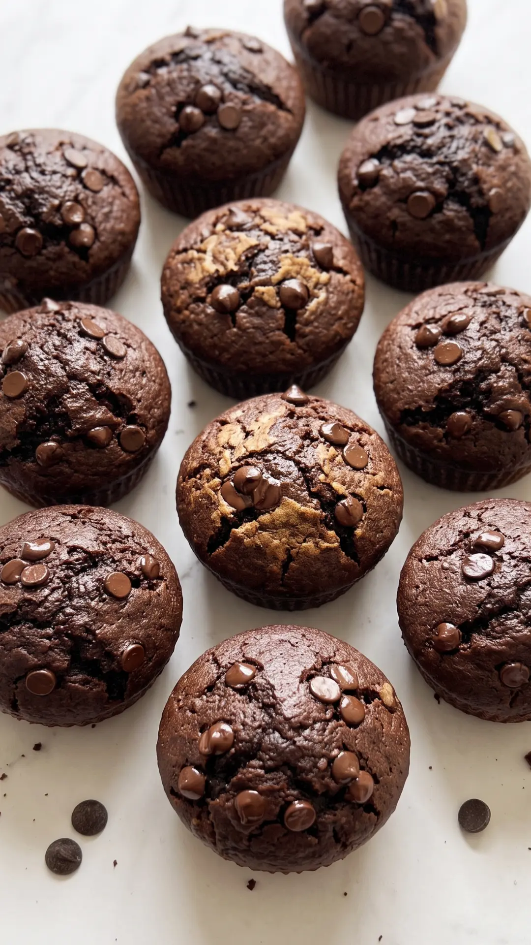 Saftige Schoko-Muffins aus der Heißluftfritteuse aus der Froschperspektive — hohe Gebäckhülle mit Schokochips