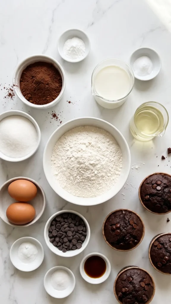 Zutaten für Saftige Air Fryer Schokoladen-Muffins: Mehl, Kakaopulver, Zucker, Milch, Öl, Eier und Schokotropfen