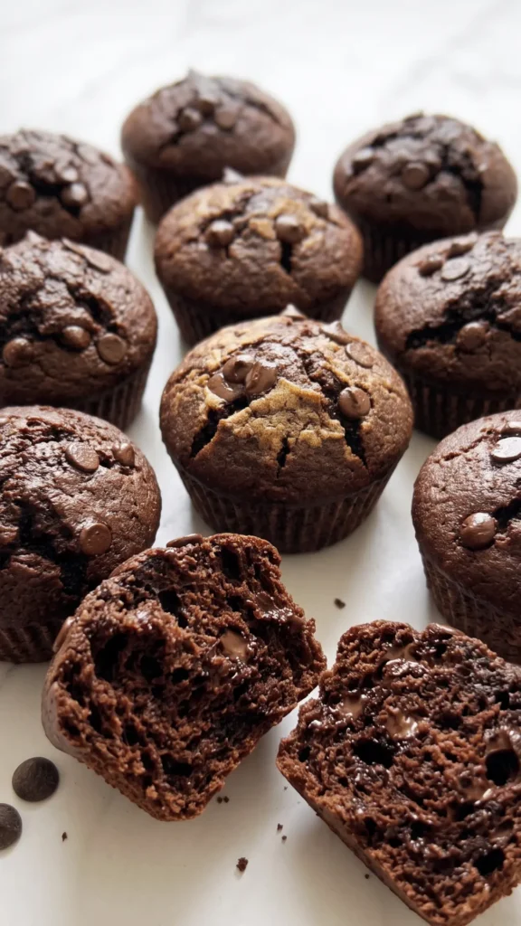 Nahaufnahme von Air Fryer Schokoladen-Muffins — saftige Schokokrumen-Textur mit geschmolzenen Schokochips