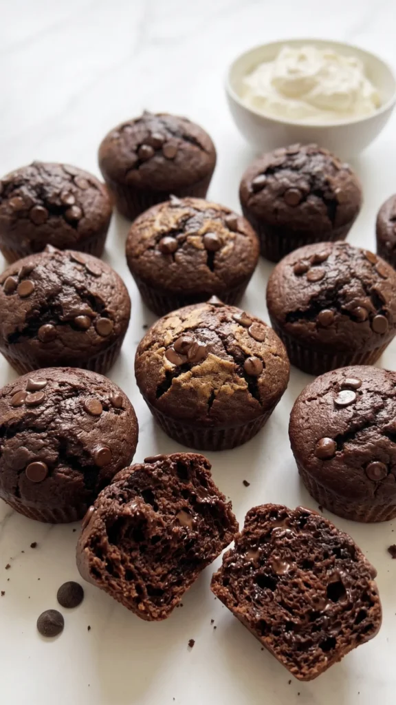 Schokoladen-Muffins serviert mit Schlagsahne — aufgebrochener Muffin mit flüssigen Schokotropfen