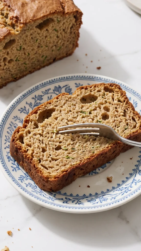 Nahaufnahme von Zucchinikuchen mit altem Anstellgut — saftige Krume mit grünen Zucchiniflecken und Nüssen