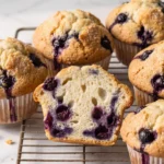 Saftige Blaubeermuffins mit Joghurt frisch gebacken auf einem Kuchengitter — aufgeschnittener Muffin zeigt saftige Beerenkrume