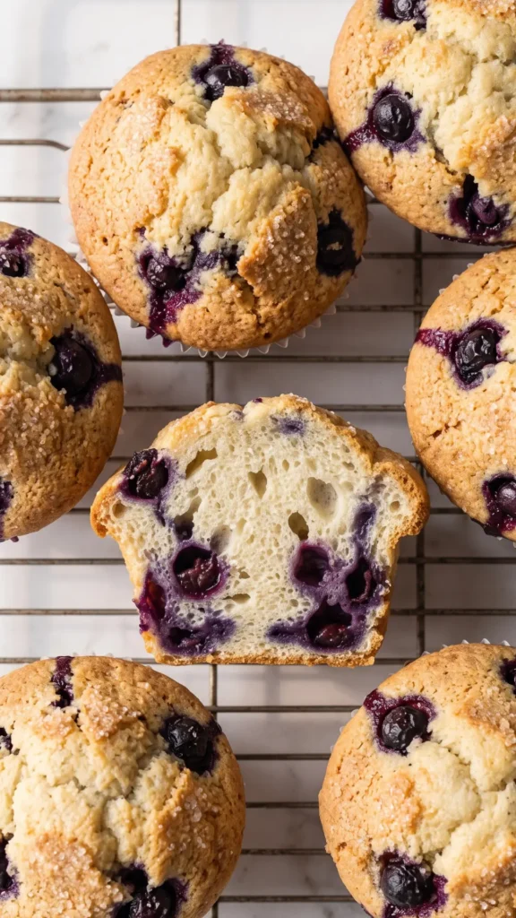Nahaufnahme von Blaubeermuffin mit Joghurt — goldbraune Kruste mit aufgeplatzten Blaubeeren und Zuckerkristallen