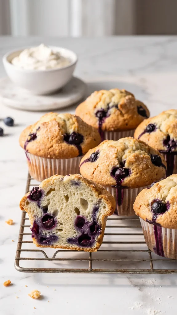 Saftige Blaubeermuffins serviert mit einem Klecks frischer Schlagsahne — gemütlicher Kaffeenachmittag