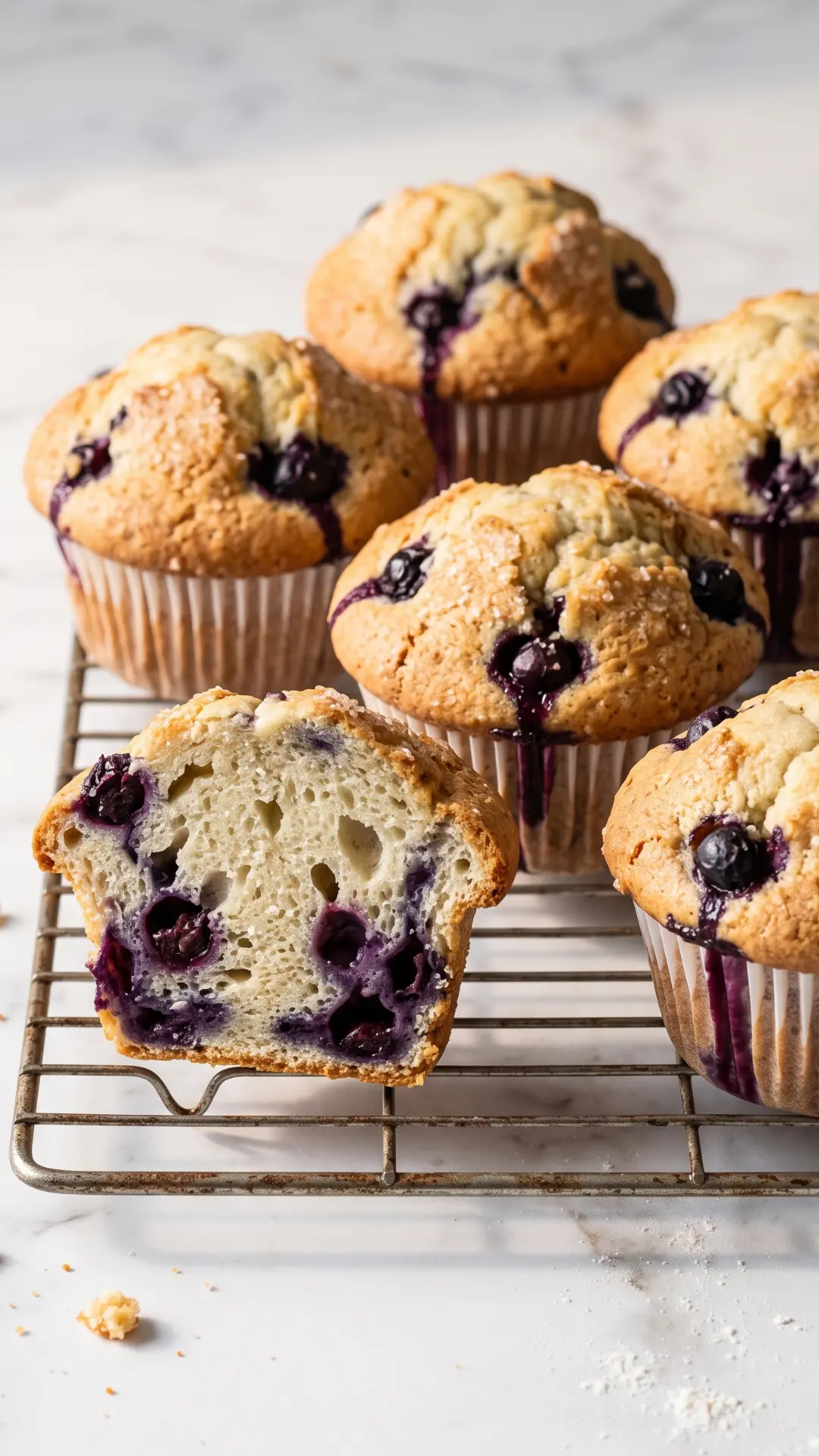 Saftige Blaubeermuffins mit Joghurt aus der Froschperspektive — prachtvoll aufgegangene Kuppeln