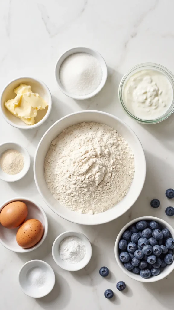 Zutaten für Saftige Blaubeermuffins: Weizenmehl, frische Blaubeeren, Naturjoghurt, weiche Butter, Eier und Zucker