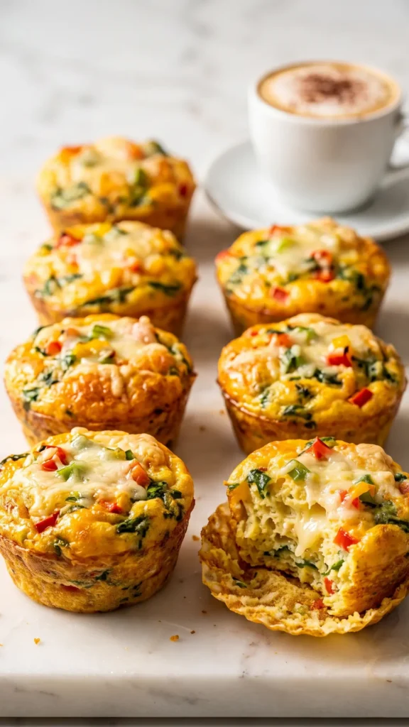 Eiermuffins serviert mit Cappuccino — ein aufgebrochener Muffin zeigt das saftige, lockere Innere voller Paprika und Spinat.