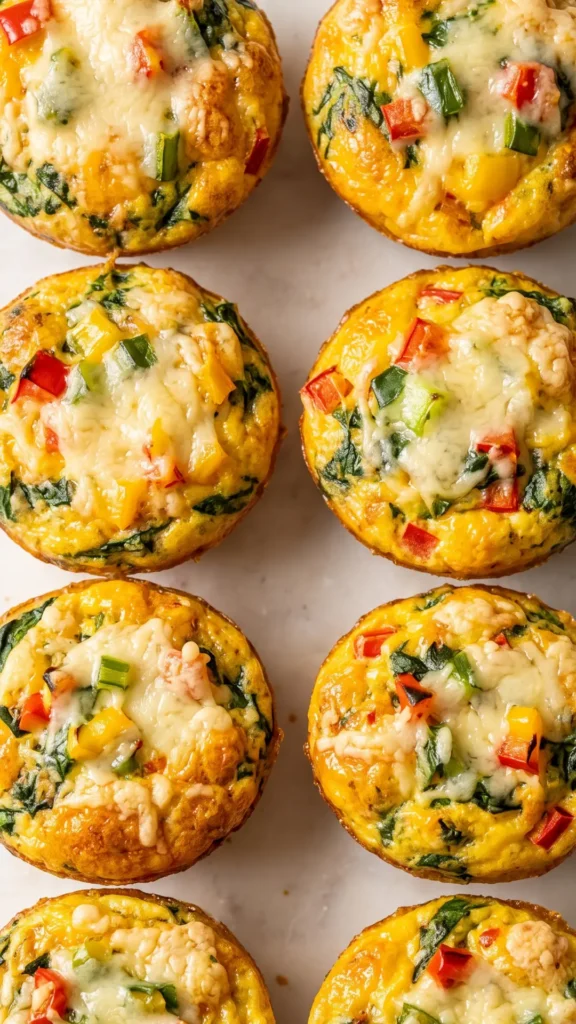 Nahaufnahme von Eiermuffins — detailreiche Struktur des geschmolzenen Käses und der bunten Gemüsestückchen im Ei.