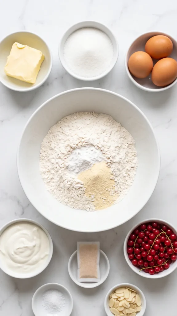 Zutaten für Johannisbeer-Rahm-Muffins: Mehl, Butter, Eier, Zucker, Schmand, rote Johannisbeeren und Mandeln auf weißem Marmor.