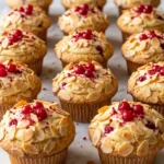 Johannisbeer-Rahm-Muffins frisch gebacken — goldbraune Muffins mit cremiger Schmandhaube und knusprigen Mandelblättchen.
