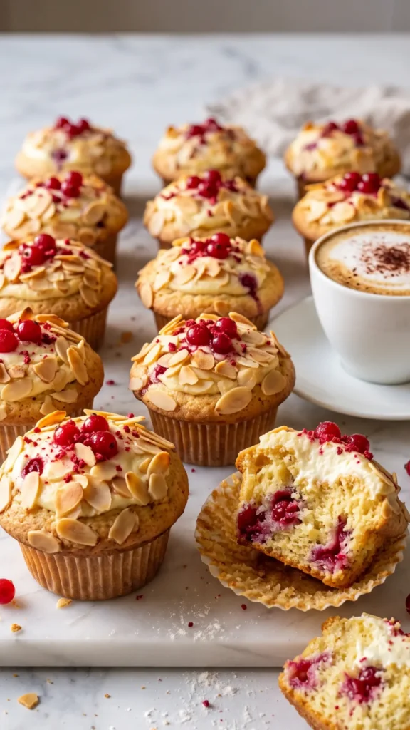 Johannisbeer-Rahm-Muffins serviert mit Cappuccino — ein aufgebrochener Muffin zeigt die feine Schichtung aus Teig und Creme.