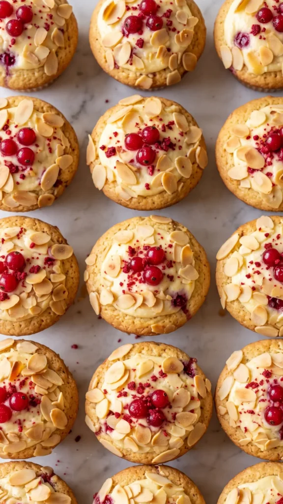 Nahaufnahme von Johannisbeer-Rahm-Muffins — detaillierte Ansicht der gerösteten Mandelblättchen auf der saftigen Creme.
