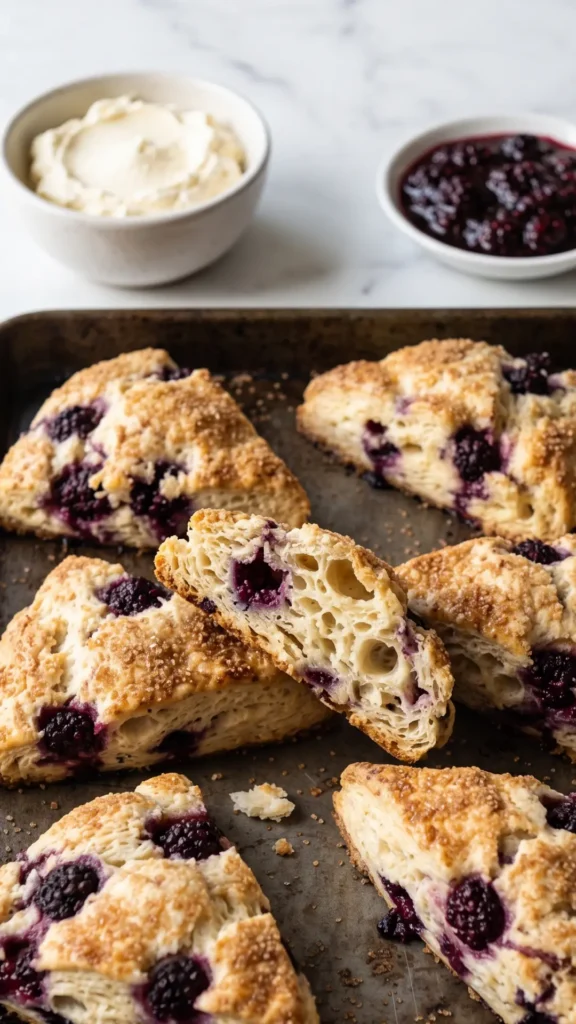 Brombeer-Sauerteig-Scones serviert mit geschlagener Clotted Cream und Brombeermarmelade.