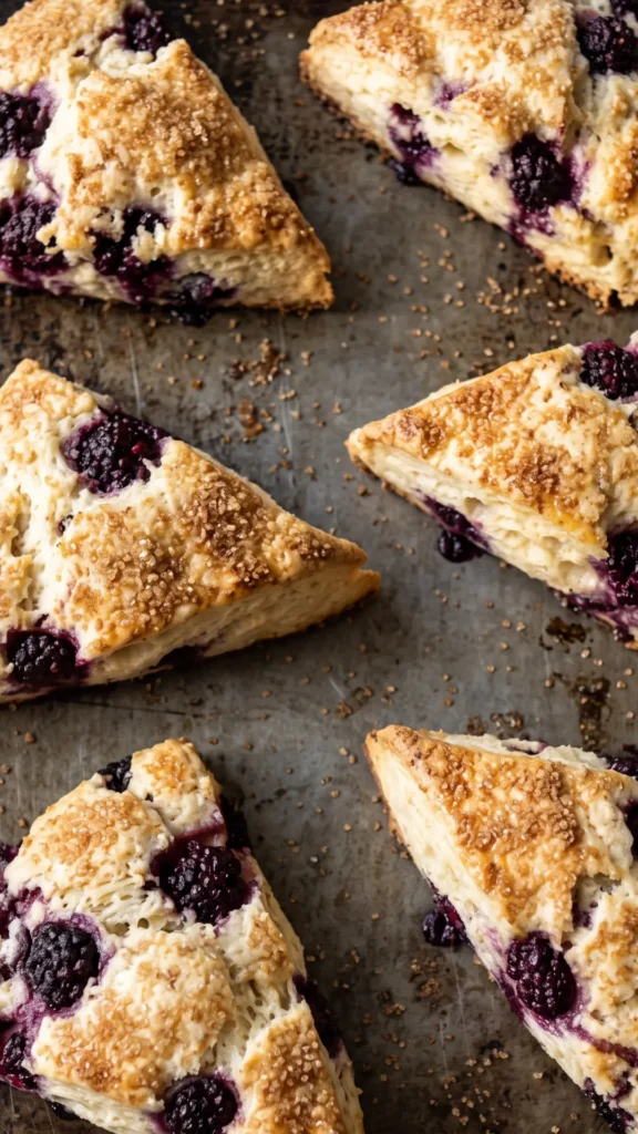 Nahaufnahme der Sauerteig-Scones — geschichteter Butterteig, saftige Brombeeren und brauner Zucker.