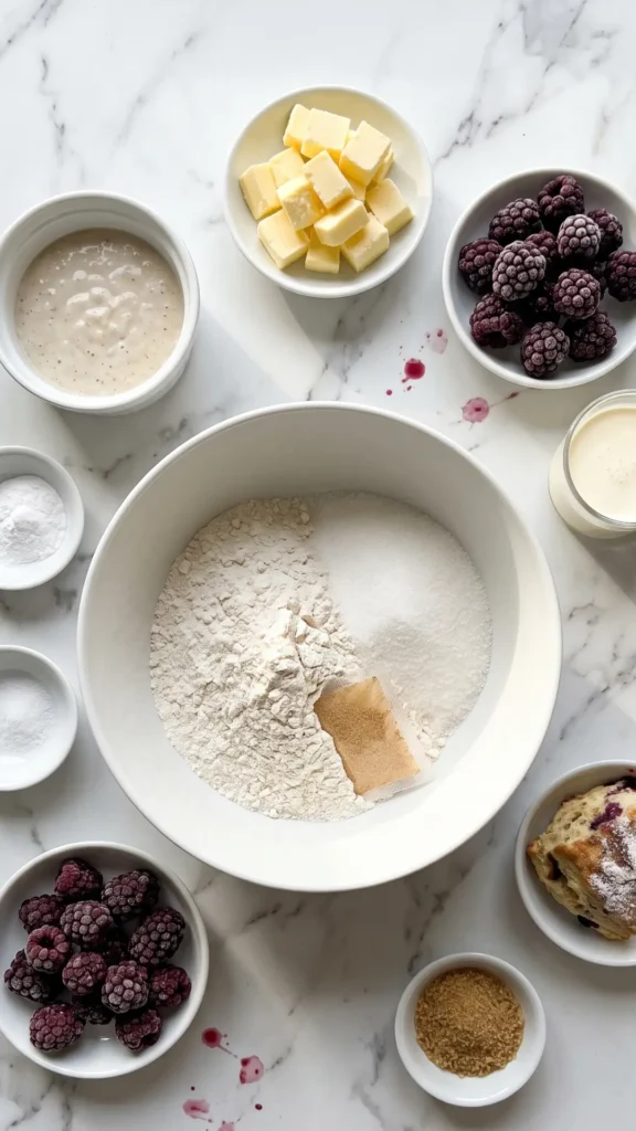 Zutaten für Sauerteig-Scones mit Brombeeren: Mehl, Sauerteig-Anstellgut, gefrorene Butter, Brombeeren und brauner Zucker.