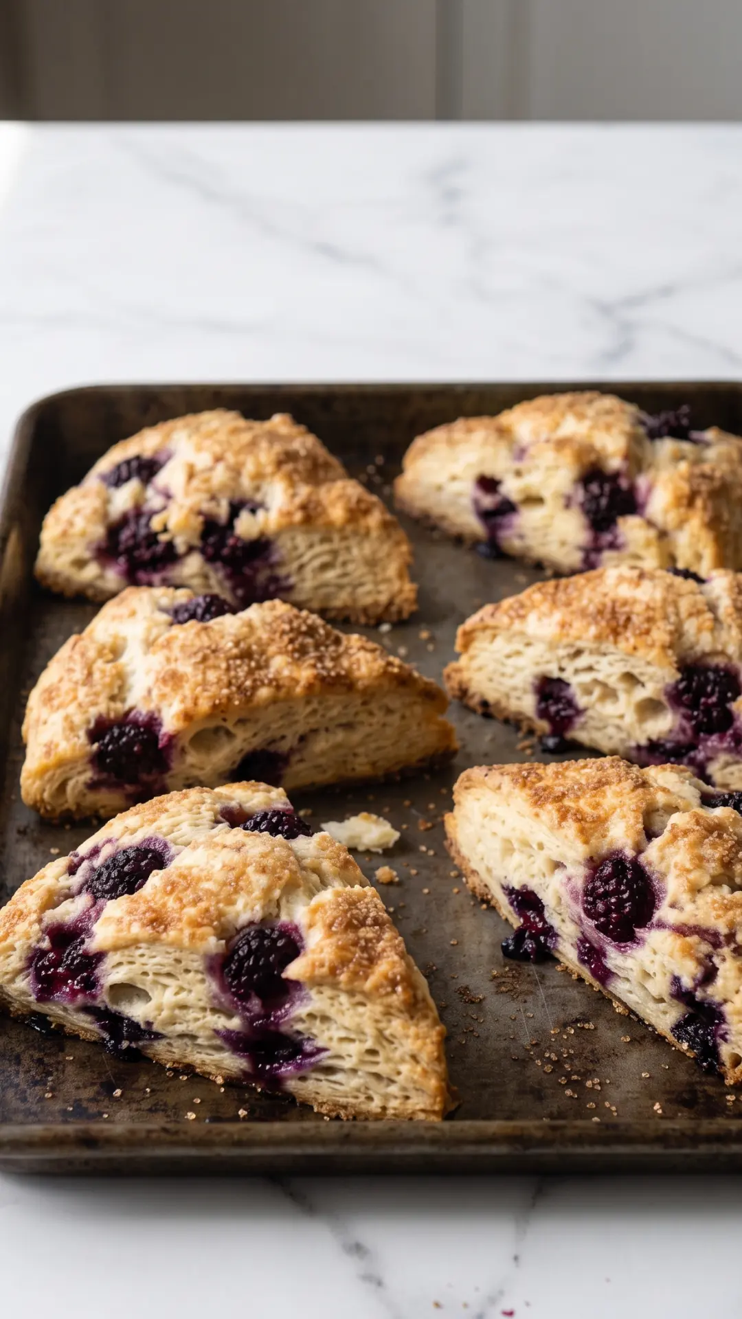 Saftige Sauerteig-Scones mit frischen Brombeeren und Knusperzucker auf dem Backblech.