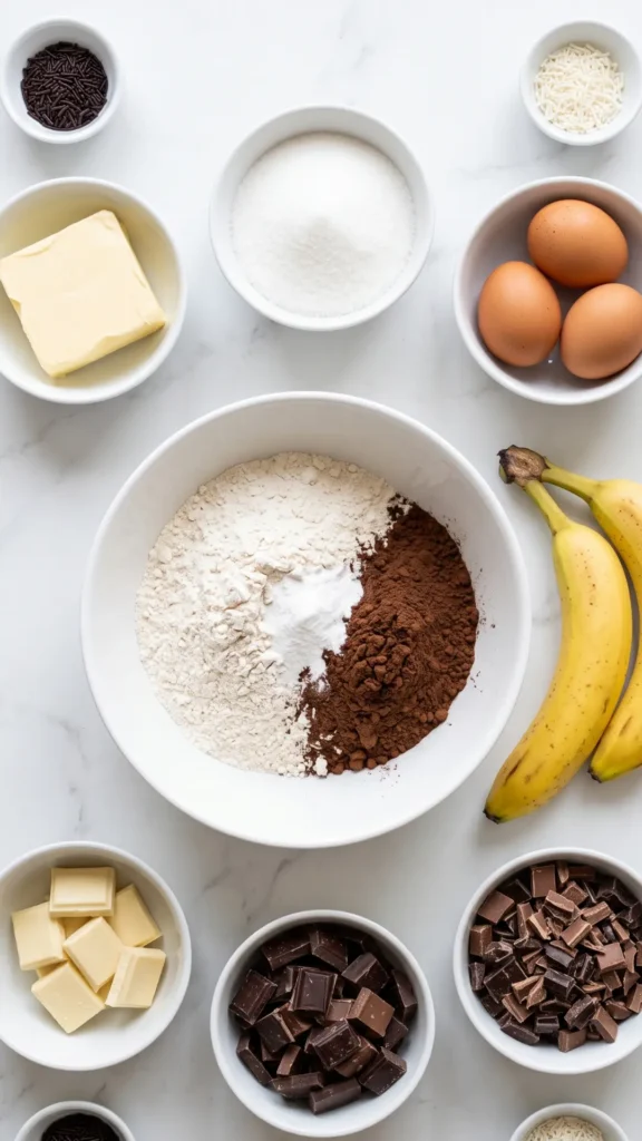 Zutaten für Schoko-Bananen-Muffins: Mehl, Zucker, Eier, Margarine, Bananen, Schokoladenreste und Streusel auf weißem Marmor.