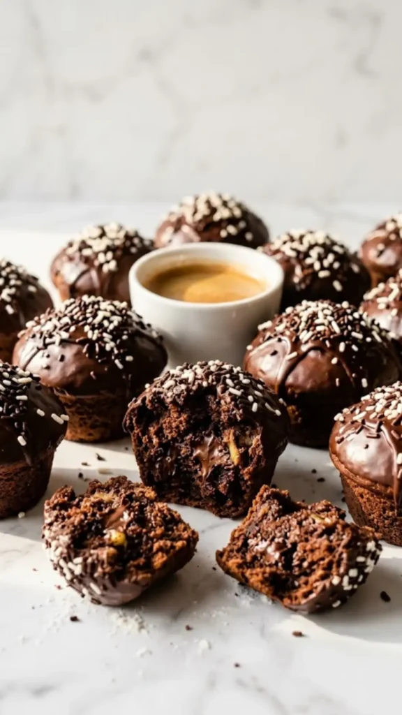 Schoko-Bananen-Muffins serviert mit Espresso — ein aufgebrochener Muffin zeigt das herrlich saftige Schoko-Innere auf Marmor.