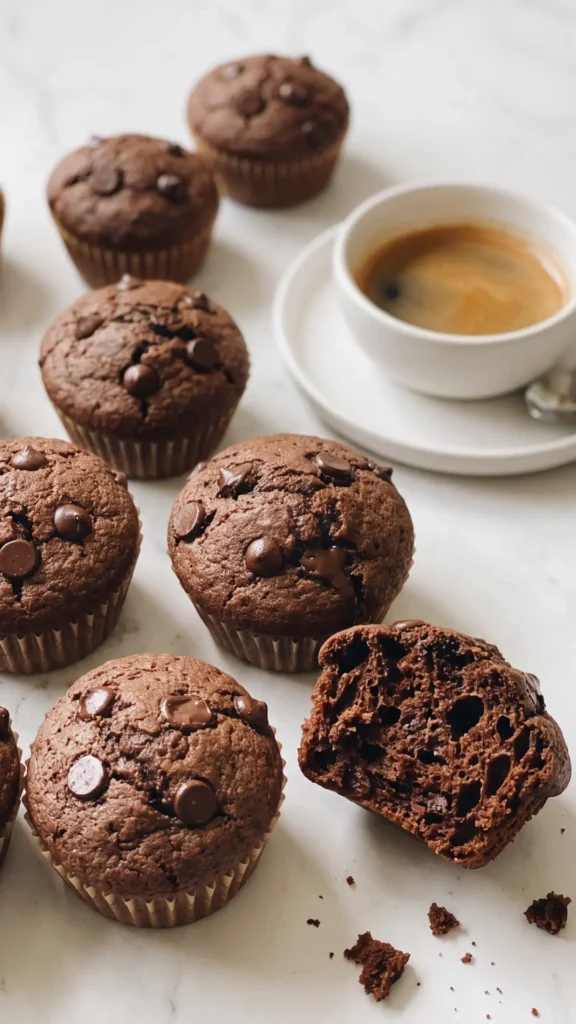 Schoko-Bananen-Muffins serviert mit frisch gebrühtem Kaffee — ein Muffin von Hand aufgebrochen.