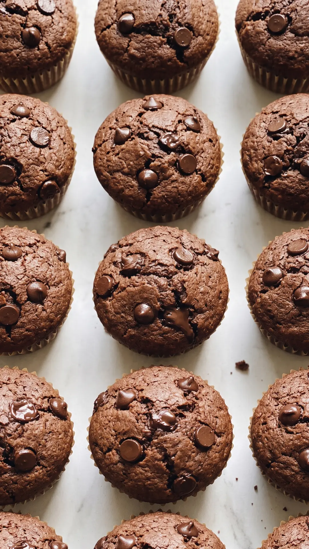 Vegane Schoko-Bananen-Muffins in Papierförmchen aus der Froschperspektive auf Marmor.