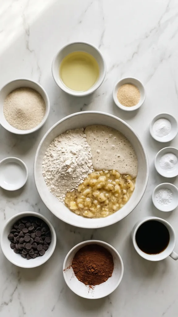 Zutaten für saftige vegane Schoko-Bananen-Muffins: Bananen, Sauerteig, Mehl und Schokostückchen.