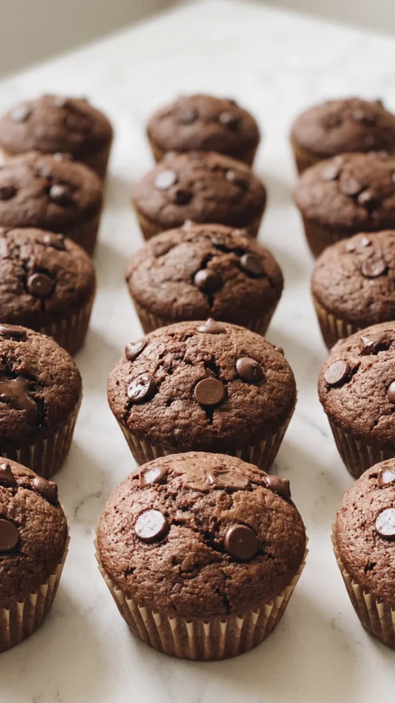 Nahaufnahme von Schoko-Bananen-Muffins mit Sauerteig — saftige Krume und geschmolzene Schokostückchen.