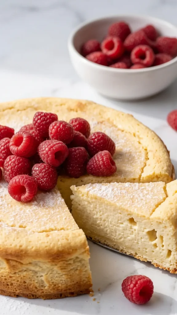 Joghurtkuchen ohne Mehl serviert mit Beeren — leichtes zuckerfreies Dessert auf Mürbeteigart