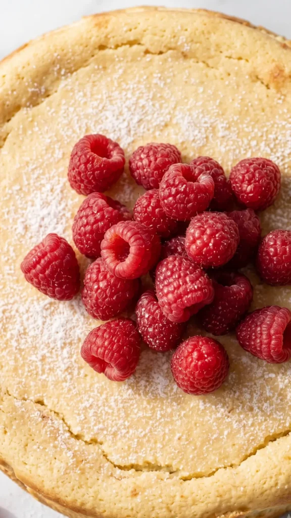 Nahaufnahme von Joghurtkuchen ohne Mehl und Zucker — cremig-feine Textur mit frischen Beeren
