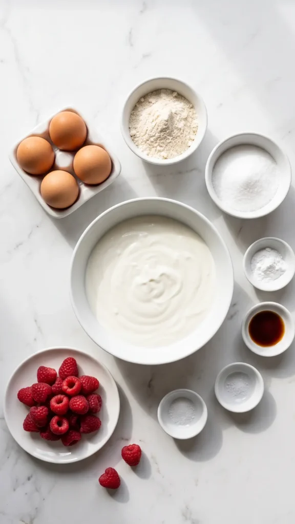 Zutaten für Joghurtkuchen ohne Mehl und Zucker: Naturjoghurt, Eier, Kokosmehl, Erythrit und frische Beeren