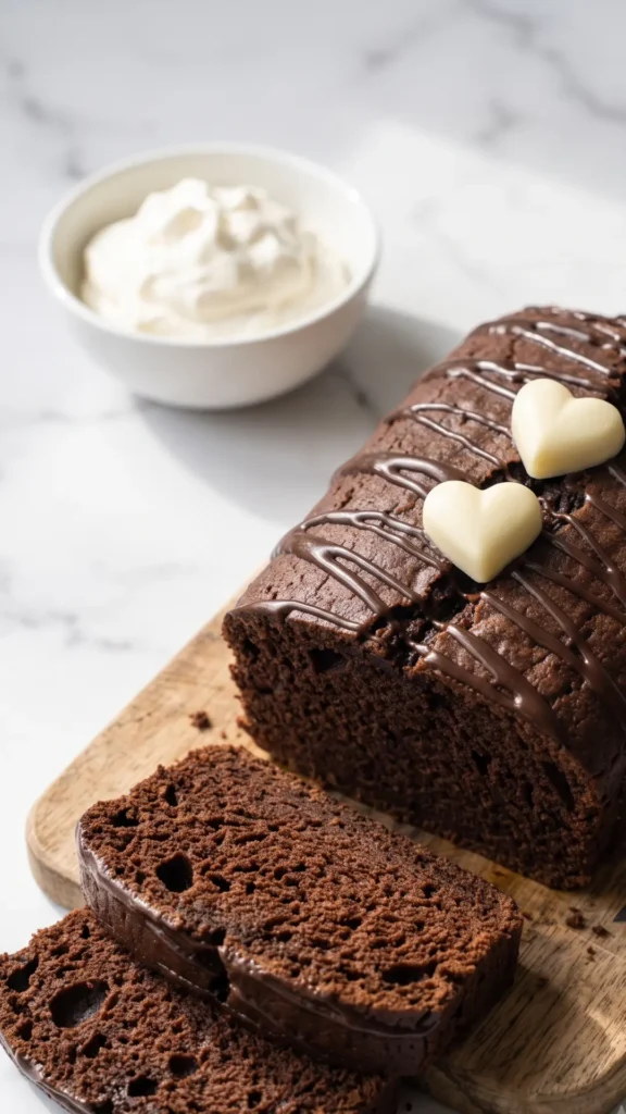 Zucchini-Schokokuchen in Scheiben serviert mit Schlagsahne — feuchter Rührkuchen Anschnitt