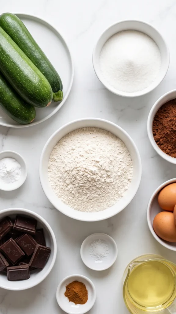 Zutaten für Zucchini-Schokokuchen: Dinkelmehl, Zucchini, Zucker, Kakaopulver, Eier, Öl und Schokoglasur
