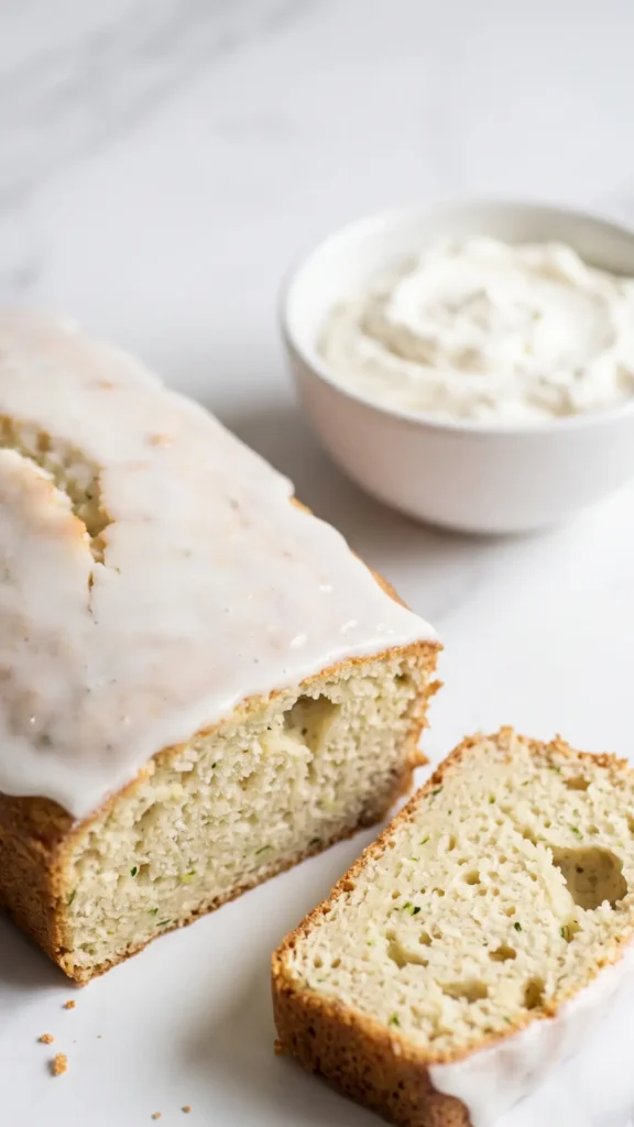 Zucchinikuchen mit Joghurt in Scheiben serviert mit Schlagsahne — saftiger Rührkuchen Anschnitt