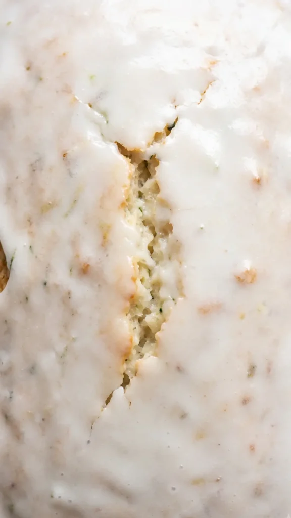 Nahaufnahme von saftigem Zucchinikuchen mit Joghurt — cremig-weiße Glasur auf feiner Kuchenkruste