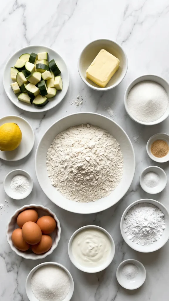 Zutaten für saftigen Zucchinikuchen mit Joghurt: Mehl, Zucchini, Butter, Zucker, Eier, Joghurt und Puderzucker