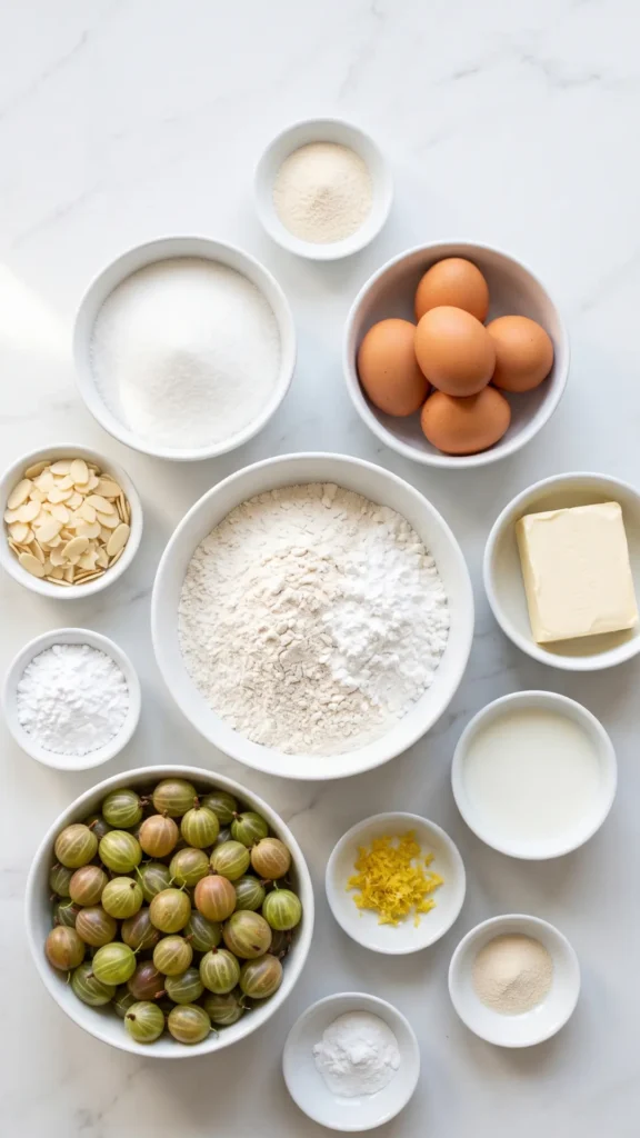 Zutaten für Stachelbeer-Blechkuchen: Mehl, Speisestärke, frische Stachelbeeren, Eier, Zucker, Butter, Milch und Mandeln auf Marmor.