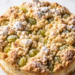 Stachelbeer-Blechkuchen frisch gebacken — saftiger Blechkuchen mit goldgelb gerösteten Mandelblättchen und feinem Puderzucker.