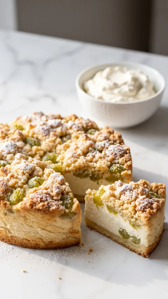 Stachelbeer-Blechkuchen serviert mit Schlagsahne — ein geschnittenes Kuchenstück zeigt den saftigen Teigboden voller Beeren.