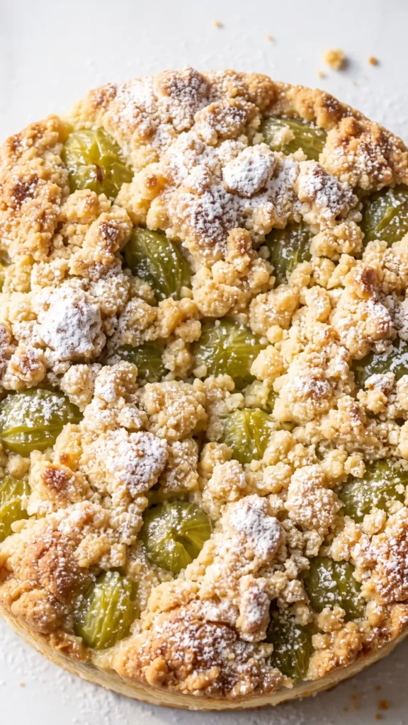 Nahaufnahme von Stachelbeer-Blechkuchen — präzise Struktur der knusprig gebackenen Mandelblättchen und der feinen Zuckerschicht.