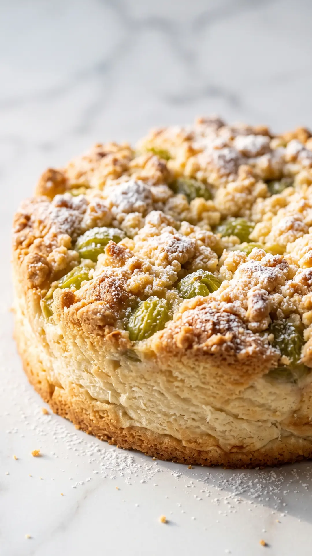 Stachelbeer-Blechkuchen frisch gebacken aus der Froschperspektive — plastische Nahansicht der goldgelb gebackenen Oberfläche.