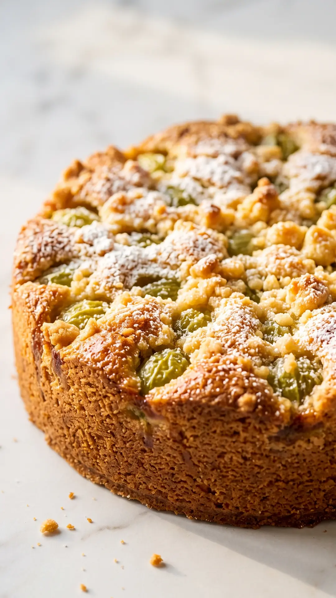 Stachelbeer-Streusel-Kuchen frisch gebacken aus der Froschperspektive — plastische Nahansicht der mächtigen Streuselkrone.