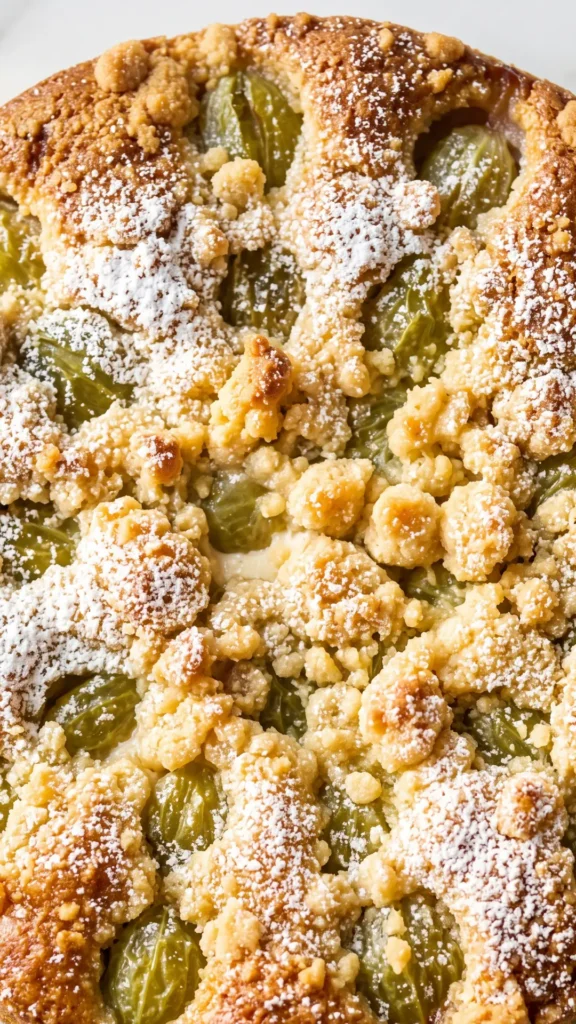 Nahaufnahme von Stachelbeer-Streusel-Kuchen — präzise Struktur der knusprigen Butterstreusel und des feinen Puderzuckers.