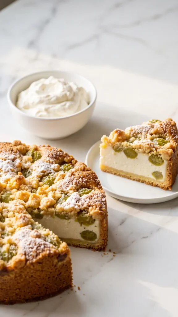 Stachelbeer-Streusel-Kuchen serviert mit Schlagsahne — ein geschnittenes Stück zeigt das kontrastreiche Innere des Kuchens.