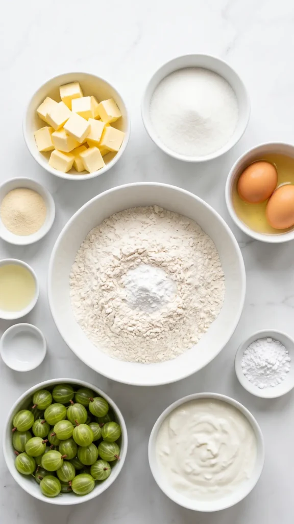 Zutaten für Stachelbeer-Streusel-Kuchen: Mehl, Quark, Stachelbeeren, Eier, Zucker und Butter auf weißem Marmor.